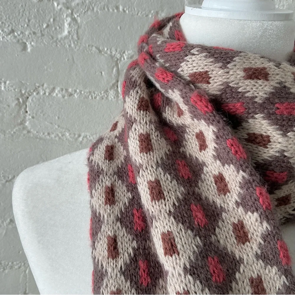 Winters Dream Soft Knit Scarf Fair Isle Print Double Weave Fringe Boho Chic